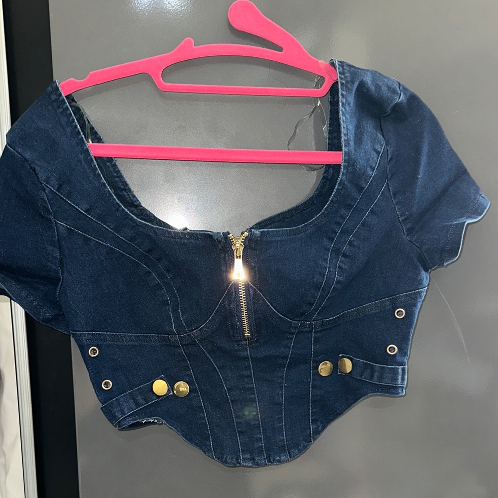 SHOP 17 Dark Blue Denim Crop Top with Gold Accents